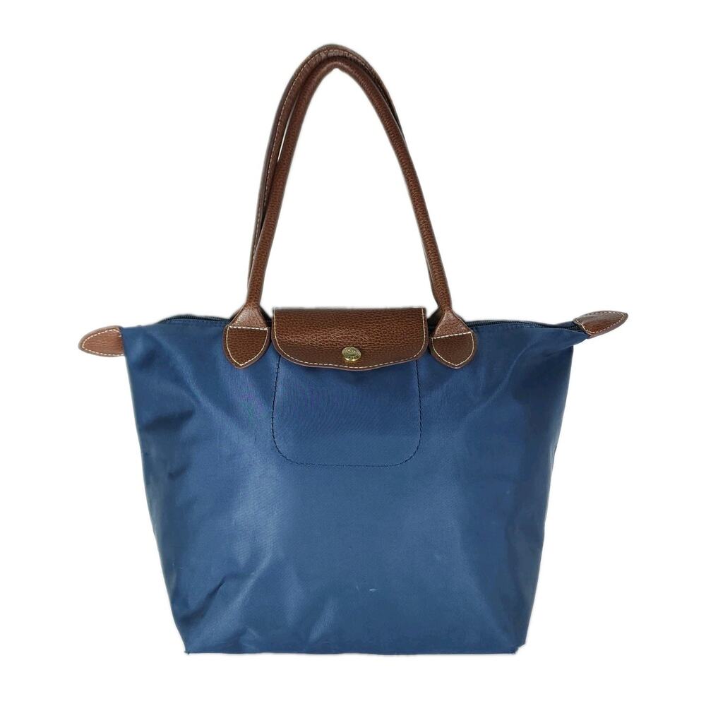 Longchamp Le Pliage Women's Navy Blue Medium Nylon Leather Top Handle Tote Bag